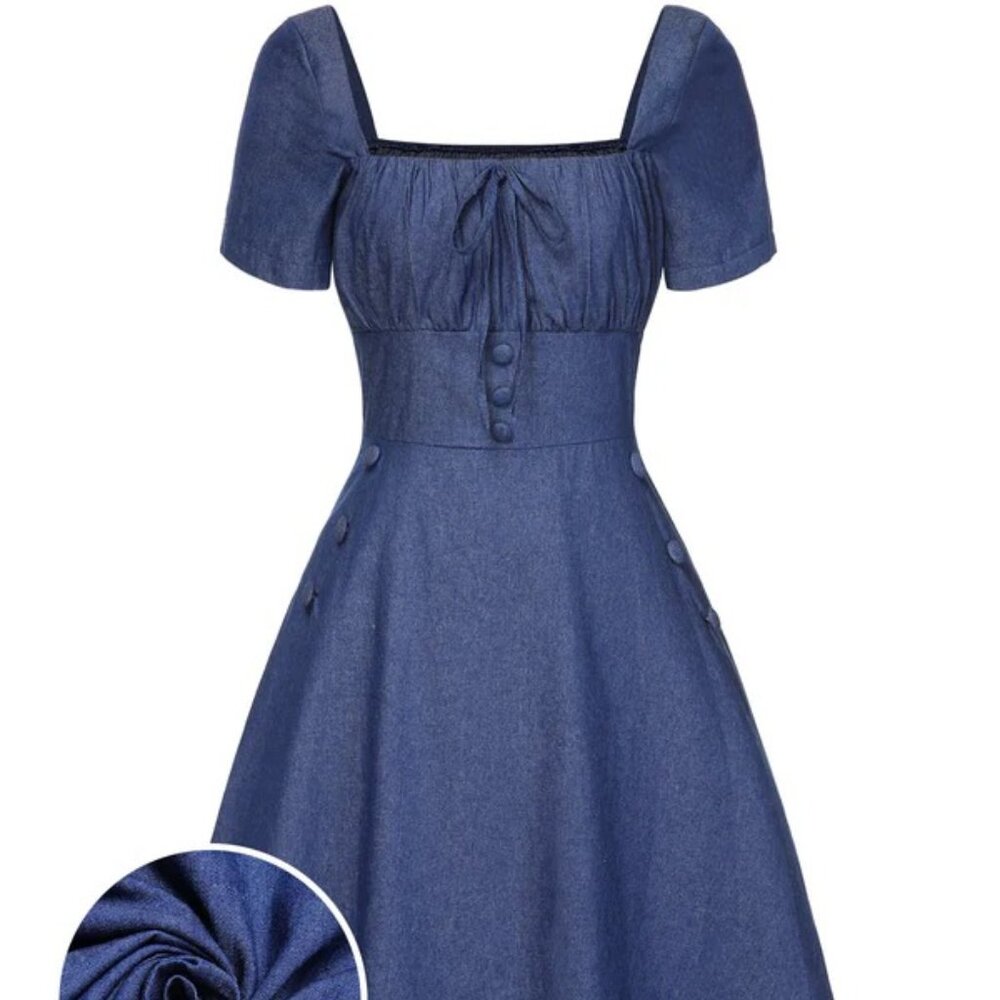 Blue 1950s Square Neck Denim Buttoned Dress